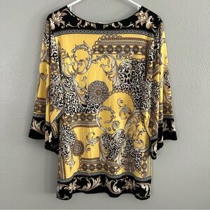 Joseph Ribkoff Tunic Top Sz 8 Chain Animal Print Jersey Wide Sleeve Yellow Black